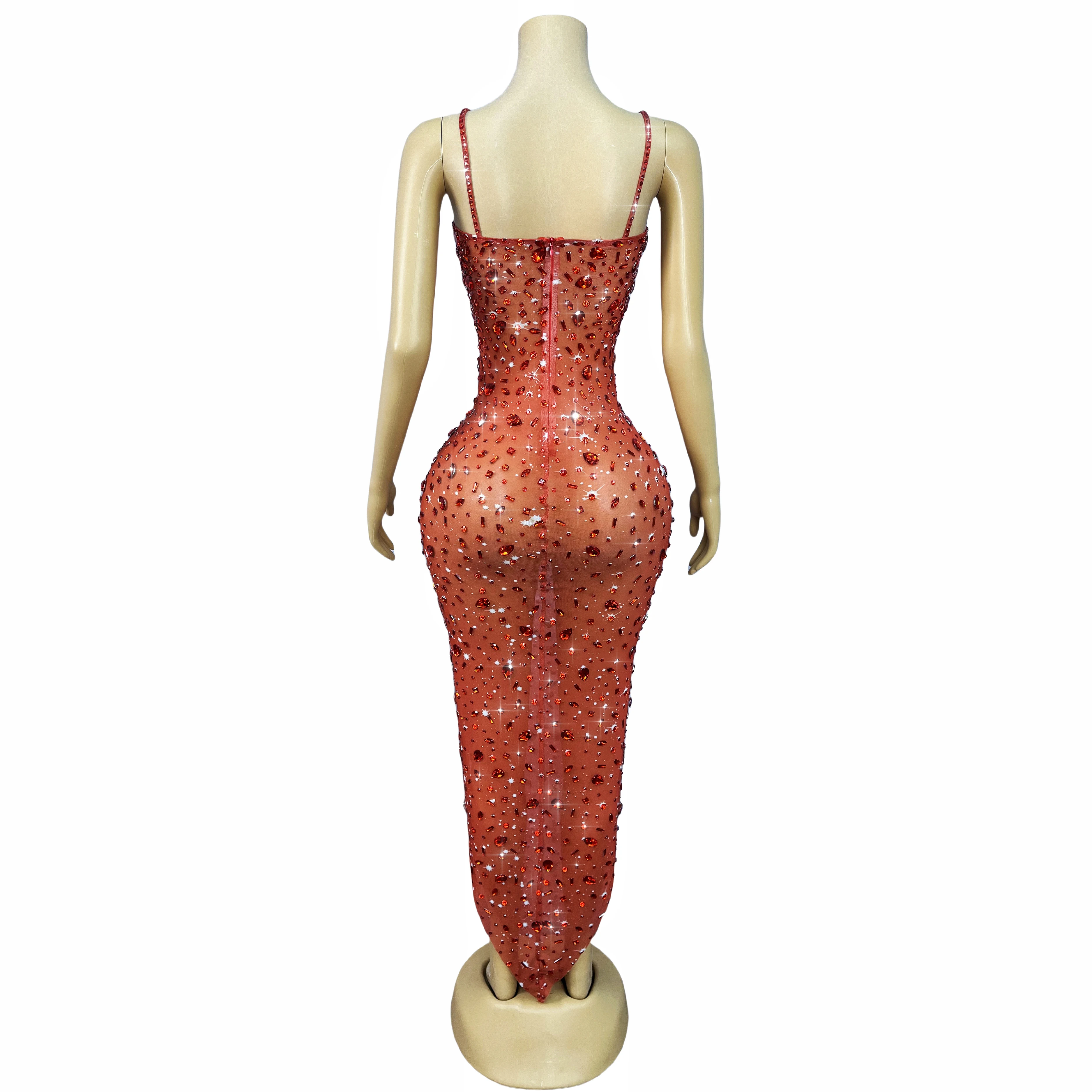 Abito da palcoscenico alla moda da donna Strass scintillanti Bretelle in rete Abito da sera Abito da festa Tappeto rosso Spettacolo Costume Xingshanshan