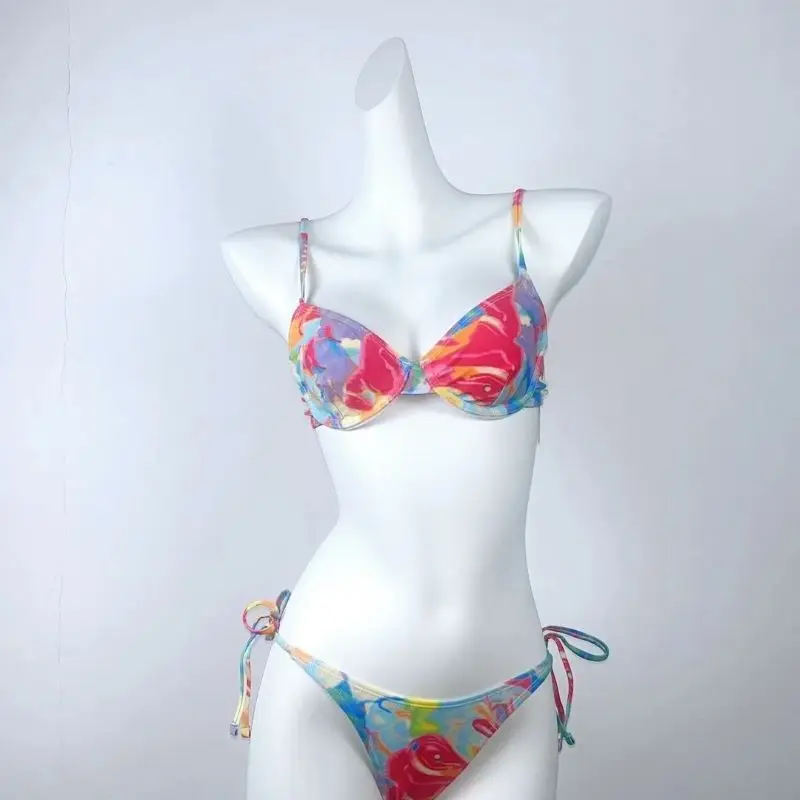 Swimsuit Sexy Beachwear Bikini Triangle Bathing Suits,Hot Girl Women's Lace up Swimsuits Printed Underwired Bikini Two-piece Set
