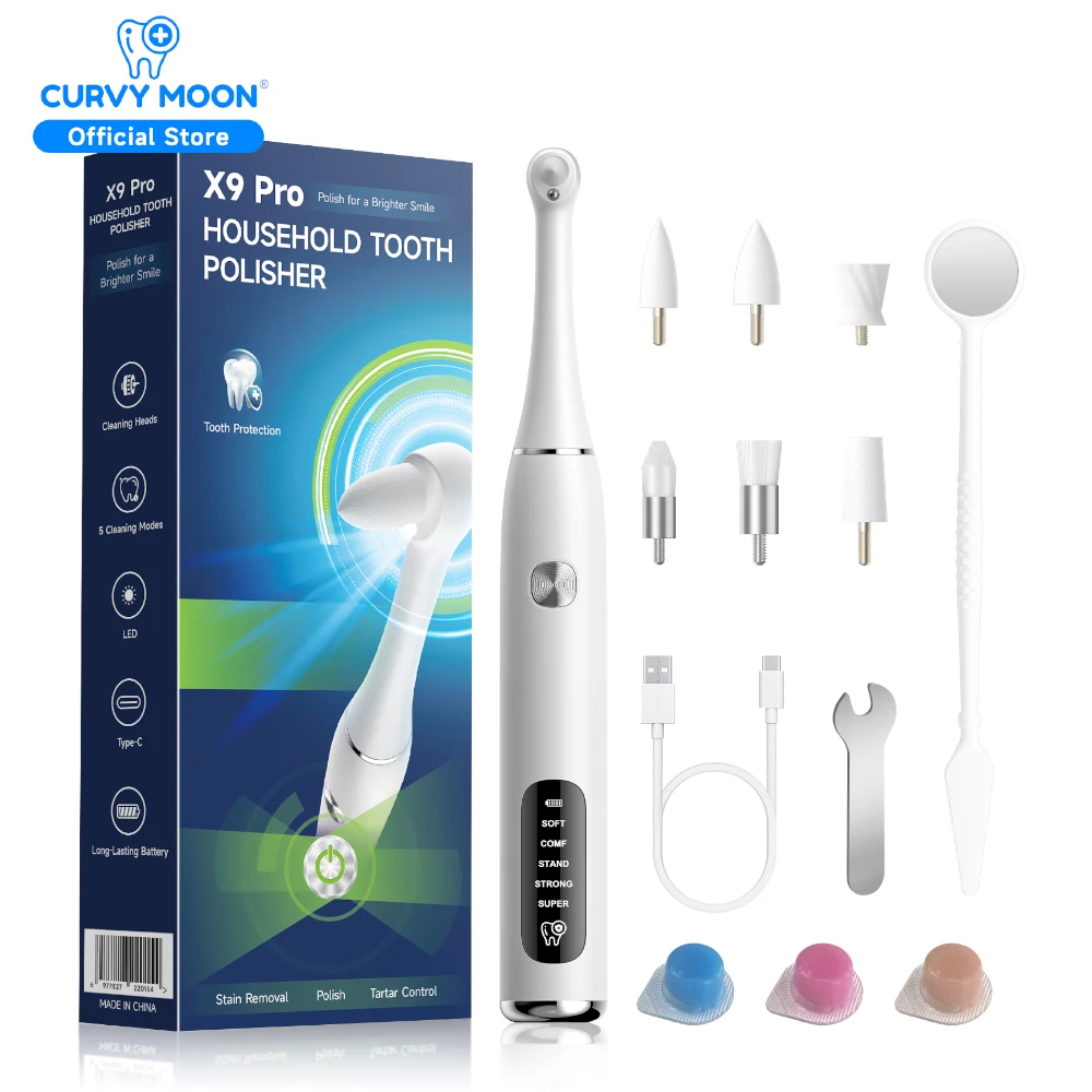 Electric Tooth Polisher Teeth Whitening Toothbrush 5 Speed Modes with 6 Brush Heads LED Light Plaque Dental Tartar Remover Tool