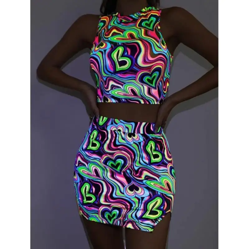 

New M 53573 Heart aped Print Reflective ort Vest Skirt Cross Border Casual Sportswear Seven Sve Length Autumn Season