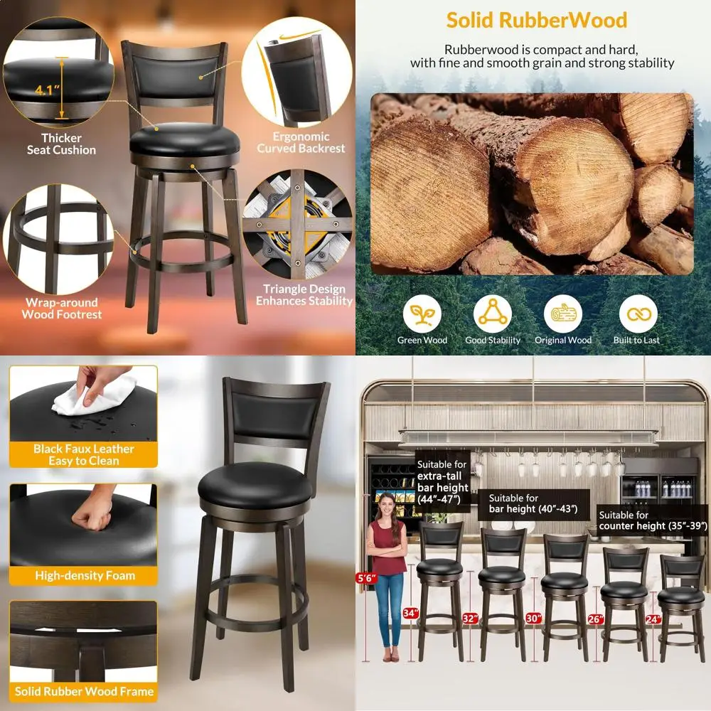

Set of 4, 26 High-Back Black Faux Leather Swivel Bar Stools with Solid Wood Legs for Kitchen Island or Pub