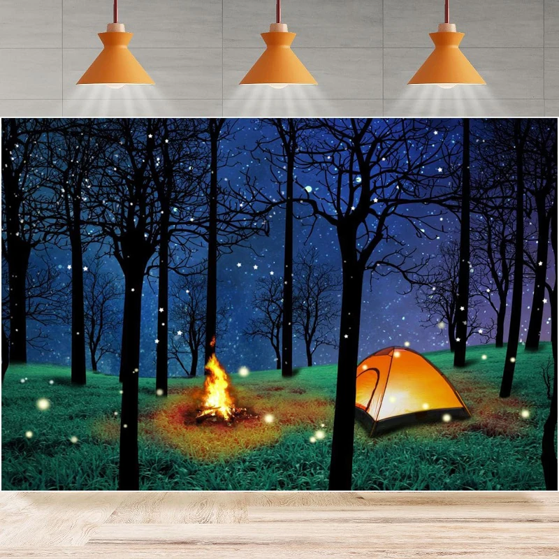 Forest Scene Camping Photography Backdrop Supplies Camping Photo Shoot Poster Background Home Party Backdrop Wall Banner Decor