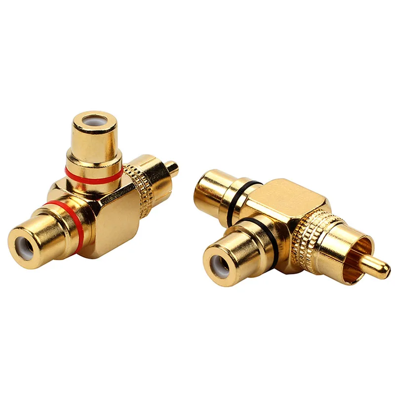 1PCS T shape RCA connector 1xMale Plug-2xFemale Jack 24K Gold plated RCA Plug jack Wire converter