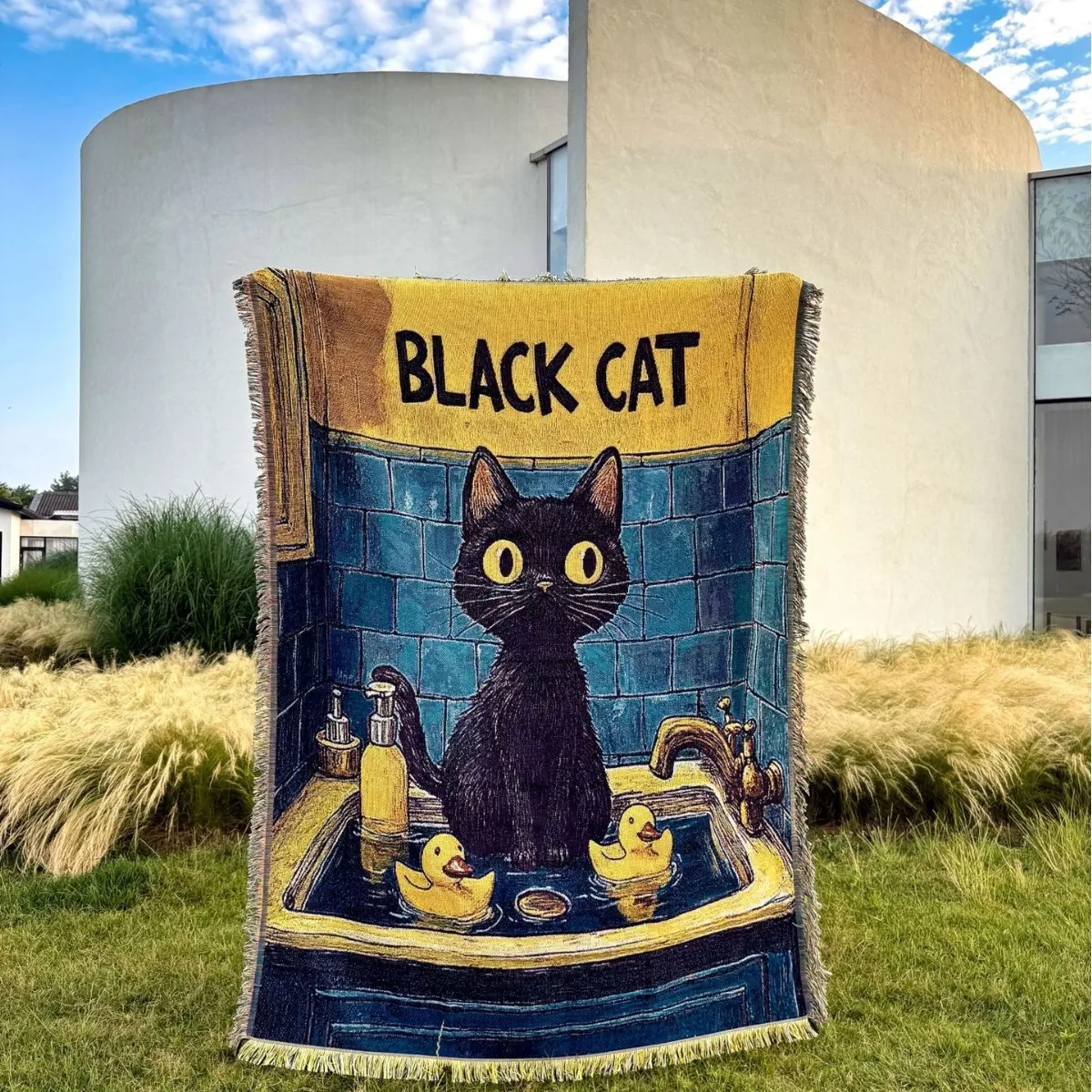 Black Cat Art Throw Blanket Vintage Style Woven Tapestry Retro Bathroom Scene Whimsical Animal Sofa Cover Eclectic Home Decor