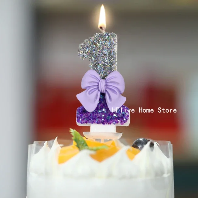 Purple Bow Children\'s Birthday Candles 0-9 Number Birthday Candles for Girls 1 Year Cake Topper Decoration