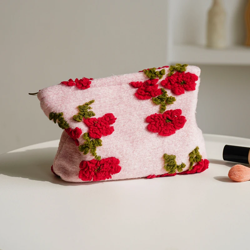 Women's Makeup Bag, Pink, Portable Storage Bag, Red Flowers, Travel, Large Capacity Toiletry Bag, Commuter Clutch