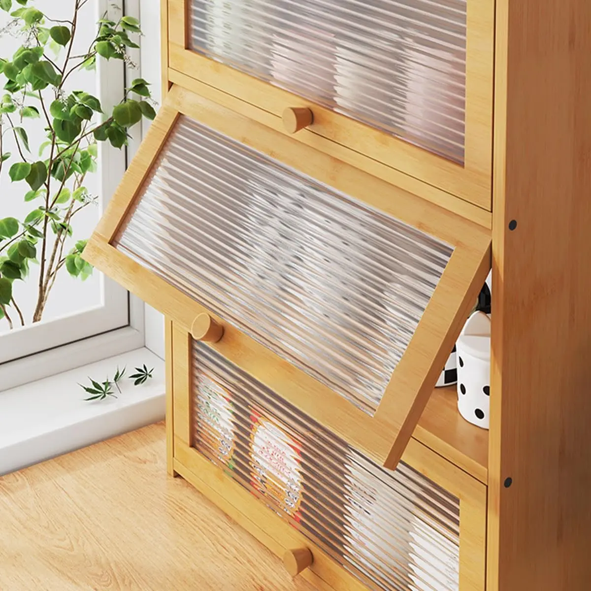 Gdrasuya10 3 Tier Countertop Kitchen Pantry Storage Cabinet, Bamboo Pantry Sideboard Cabinet with 3 Doors Freestanding Kitchen C