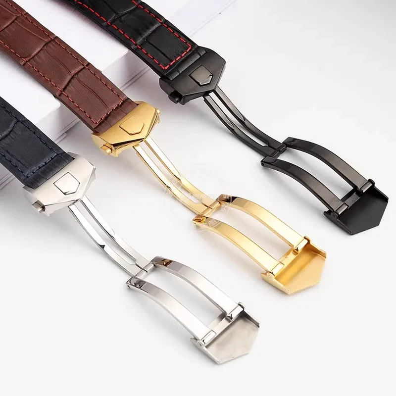 19 20 22 มม.สีดําสีฟ้าสีน้ําตาล Cowhide หนังสายนาฬิกาสําหรับ Tag Heuer F1 Monaco ธุรกิจ Watchband พับหัวเข็มขัดสไตล์สร้อยข้อมือ