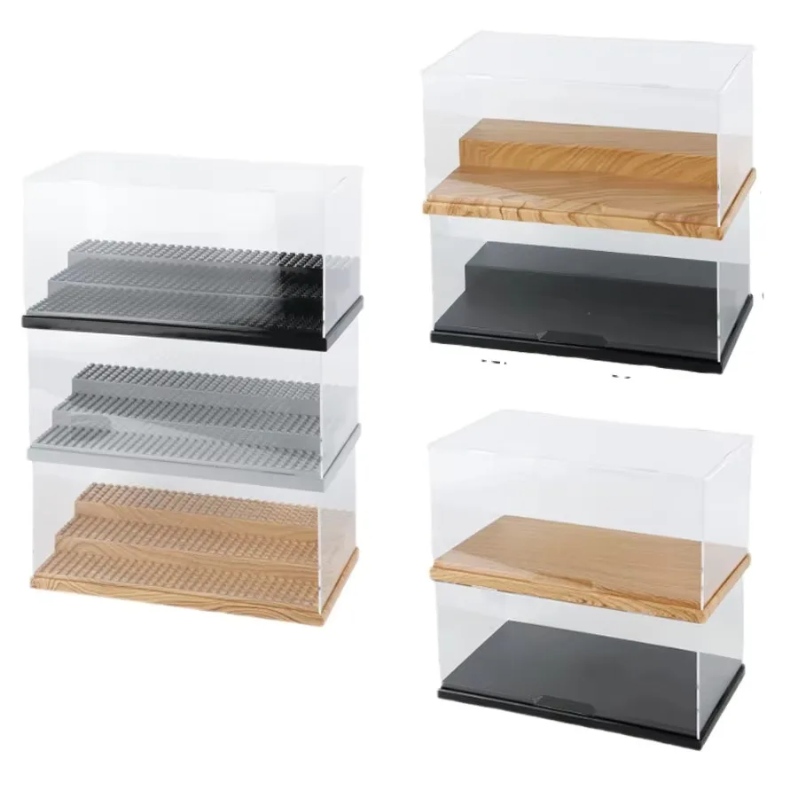 Clear Acrylic Dustproof Display Case with Wood Base for Mini Figures Building Blocks Collectibles for Lego Style Collectors