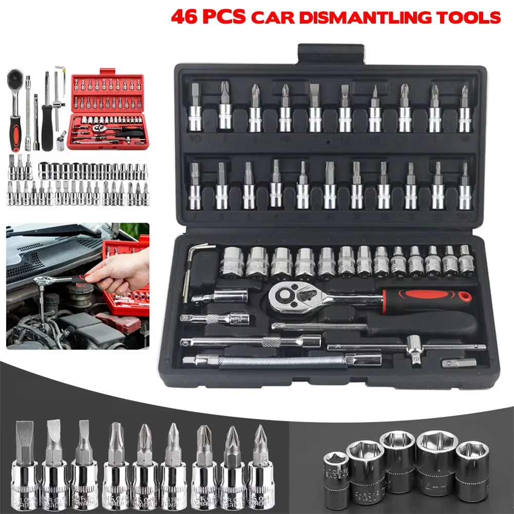 

46pcs Car Repair Tool Kit 1/4 Inch Drive Socket Ratchet Wrench Set Combo Tools Kit Bicycle Auto Repairing Set Mechanic Tool