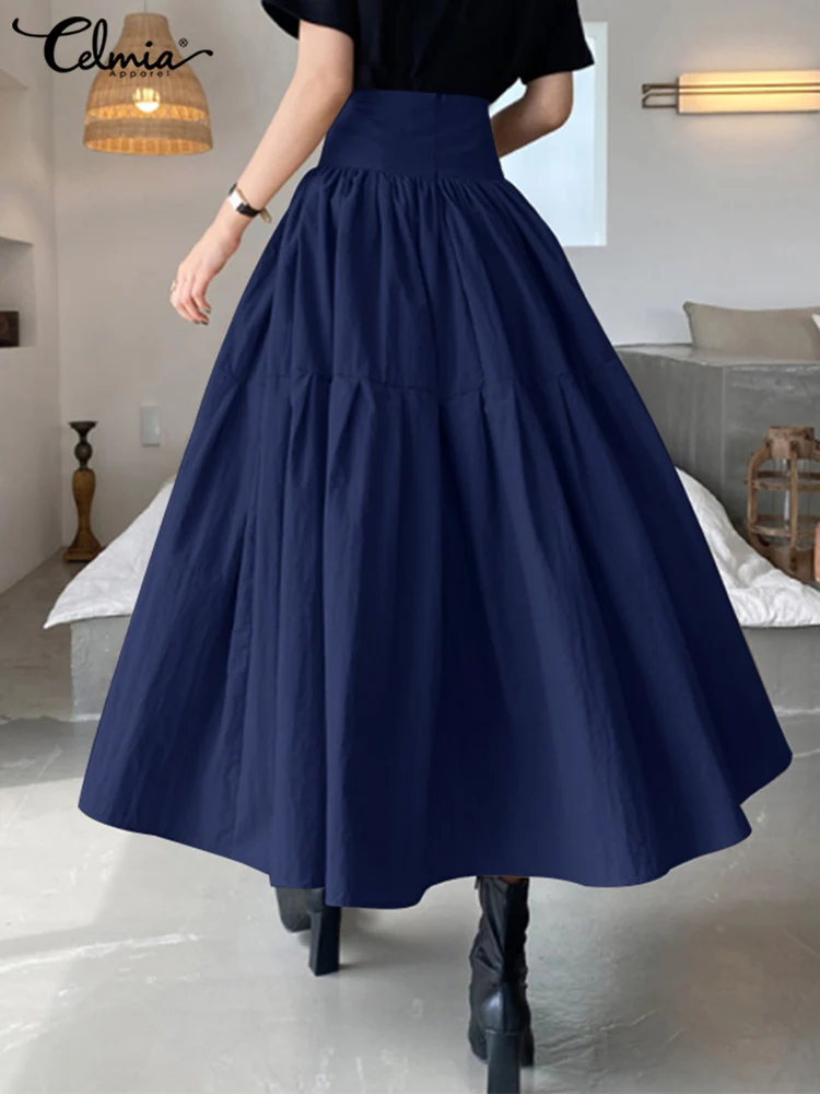 Celmia High Waist Swing Long Skirt Women Fashion Pleated Zipper Party Jupe Casual Loose A-line Skirt 2024 Vintage Beach Skirt