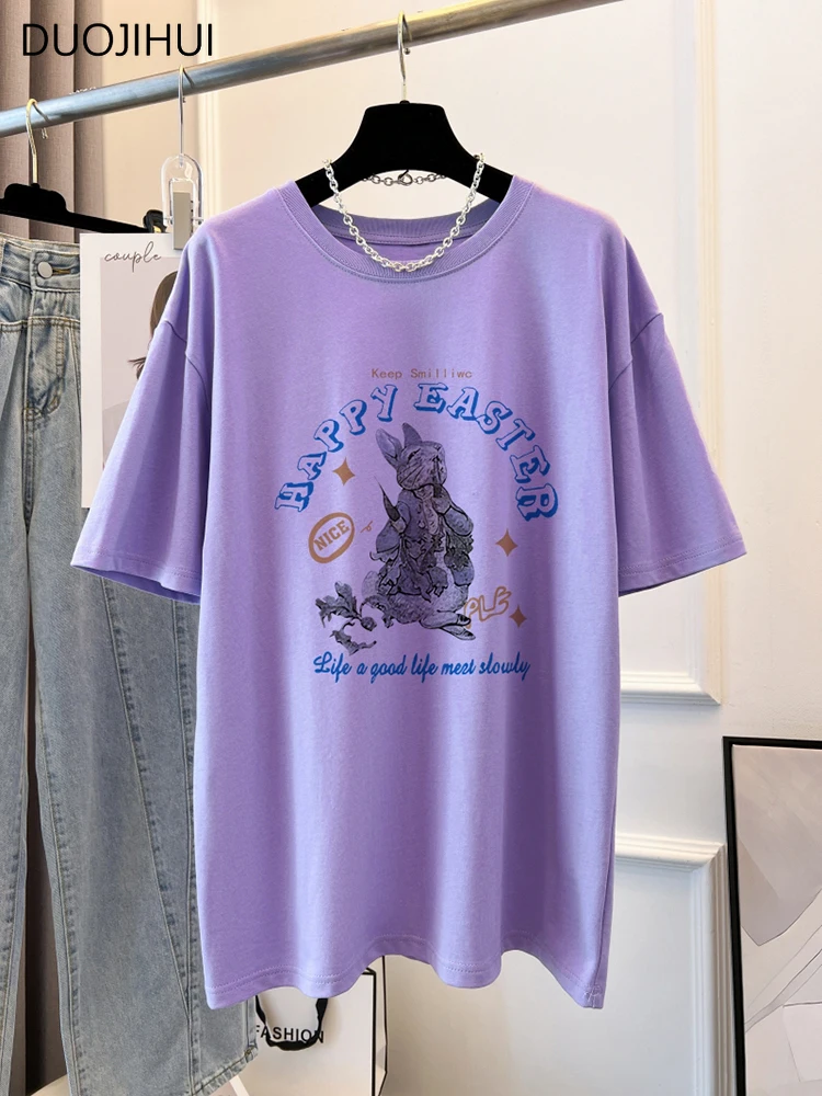 DUOJIHUI Purple Summer Classic O-neck Loose Women T-shirts Korean Chic Printed Fashion Simple Casual Spell Color Female T-shirts