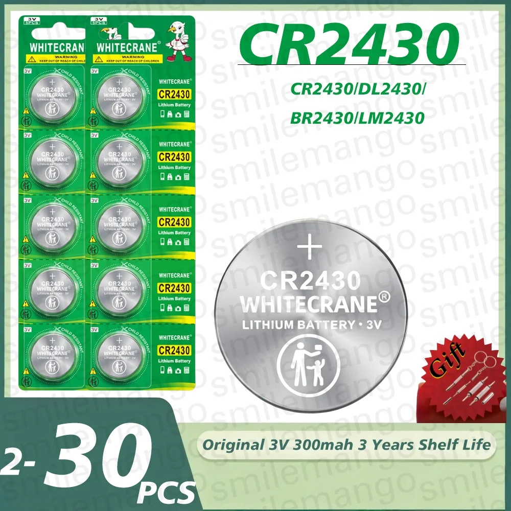 2-30 шт. литиевые батарейки-таблетки CR2430 3V (DL2430, BR2430) для замены в автомобильных ключах, часах, пультах ДУ, будильниках