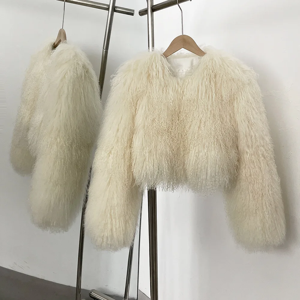 Furyoume Nowa Jesienno-Zimowa Krótka Kurtka z Prawdziwego Futra Damska Prawdziwe Mongolskie Futro Owcze Modna Odzież Wierzchnia