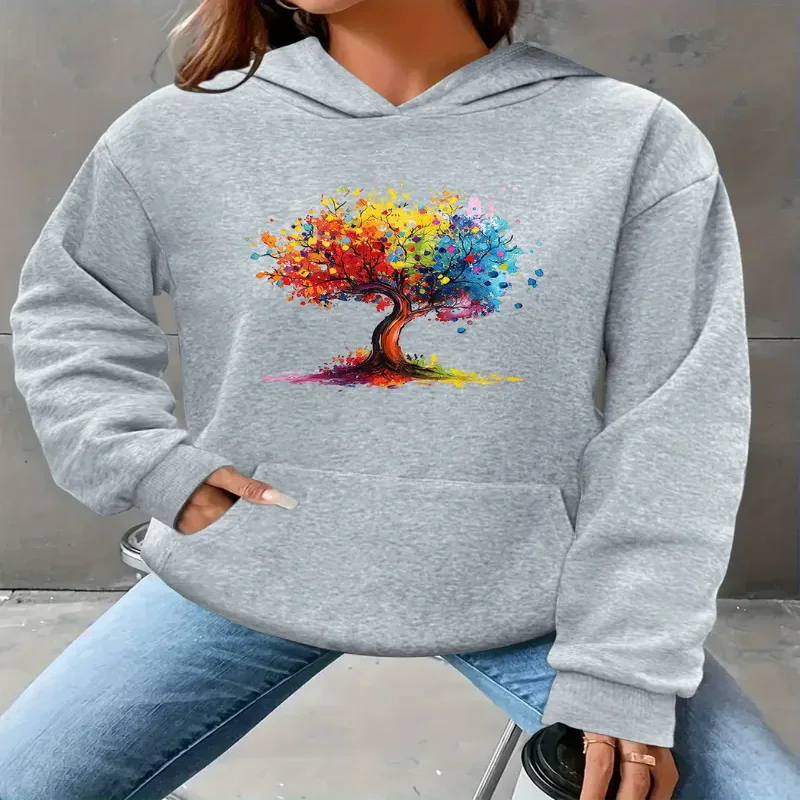 

Женская толстовка с красочным рисунком дерева, уличная одежда, пуловер, толстовка, повседневная осенне-зимняя сезонная одежда с капюшоном и принтом на каждый день