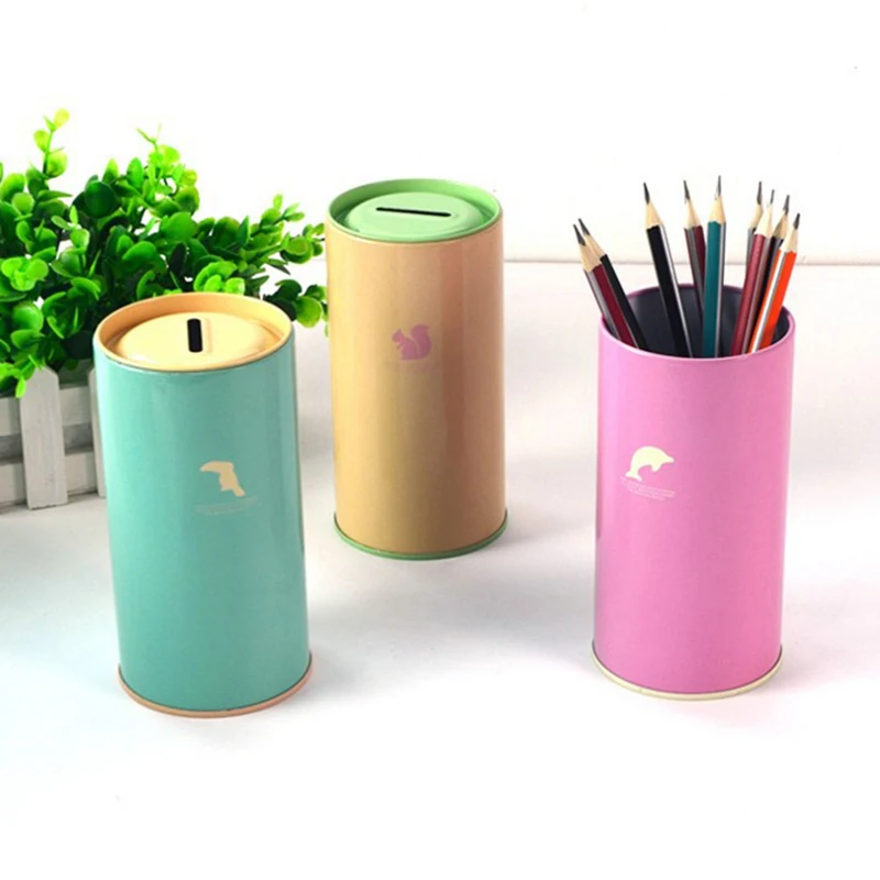 Animal Tinplate Cylinder Piggy Bank Metal Coin Box Cute Candy Color Sundries Cans Storage Cans Gift Cans Home Decor Money Box