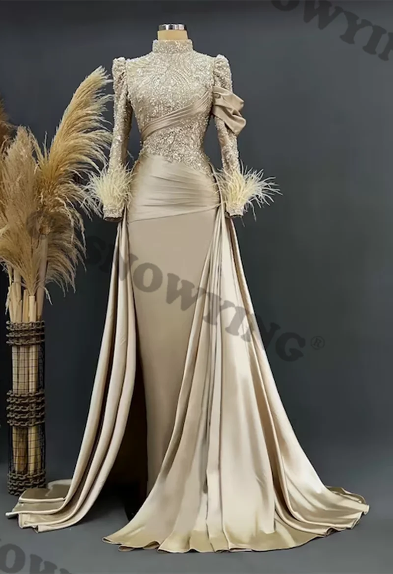 Champagne Satin Appliques Feather Hijab Muslim Evening Dresses Long Sleeve Formal Party Gown Arabic Dubai Women Robes De Soirée