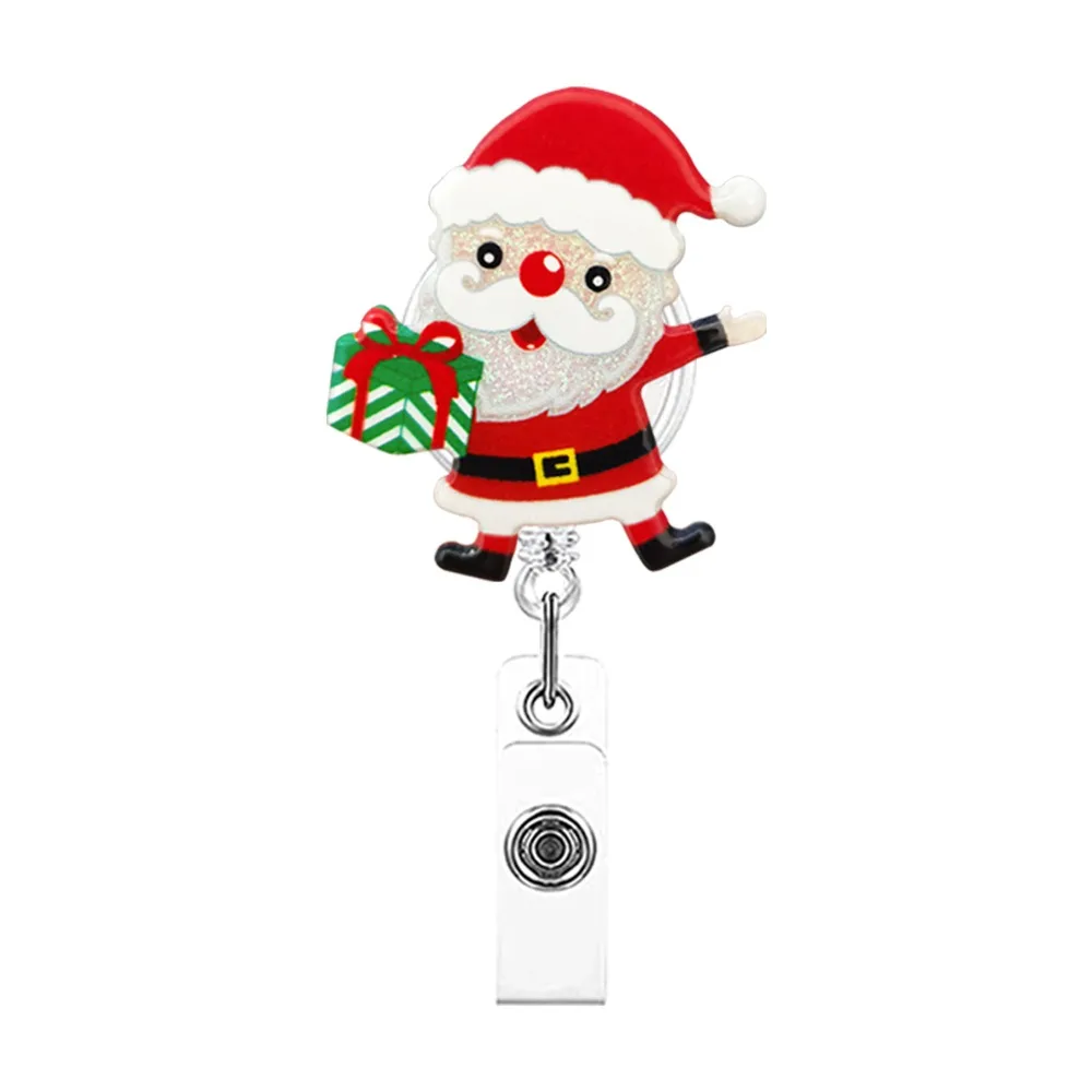 

Acrylic Christmas Badge Reel Santa Claus Gingerbread Retractable Badge Holder Glitter Shiny Cartoon ID Card Holder