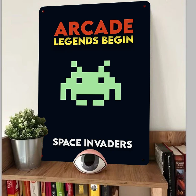Classic Pixel Style Space Invaders Game Theme Metal Tin Sign Retro Arcade Decorative Wall Art