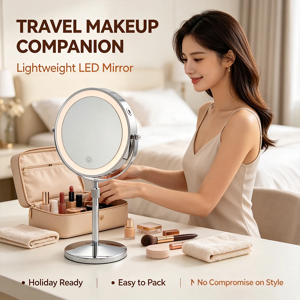 Touch Sensor LED Ring Light Vanity Mirror Height Adjustable Desktop Makeup Magnification Cosmetic Mirror Home Bathroom Decor