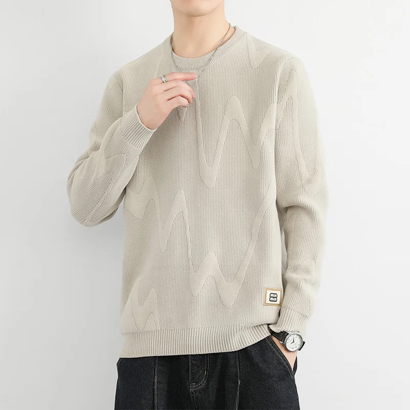 

Высококачественный мужской повседневный вязаный свитер свободного кроя с круглым вырезом, пуловер средней плотности, мягкий, удобный, из полиэфирного волокна, с длинными рукавами