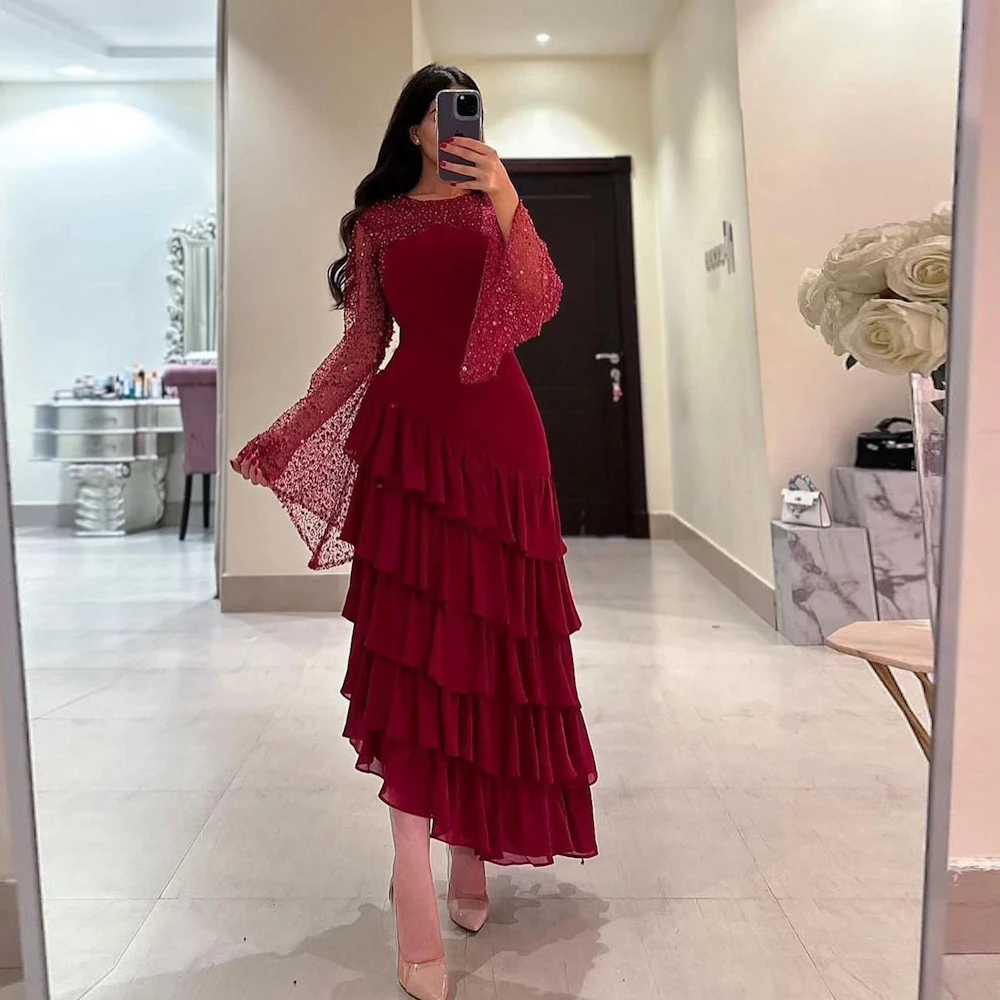 

ROSELLA Red O Neck Women Special Events Dress Ankle Length Sequins Mermaid Tiered Saudi Evening Dress New 2023