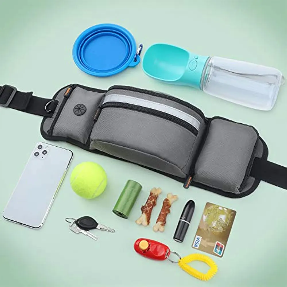 Dog Treat Bag Portable Dog Training Pouch with Hidden Water Bottle Holder Poop Bag Dispenser Waist Bags for Puppy Pet Items