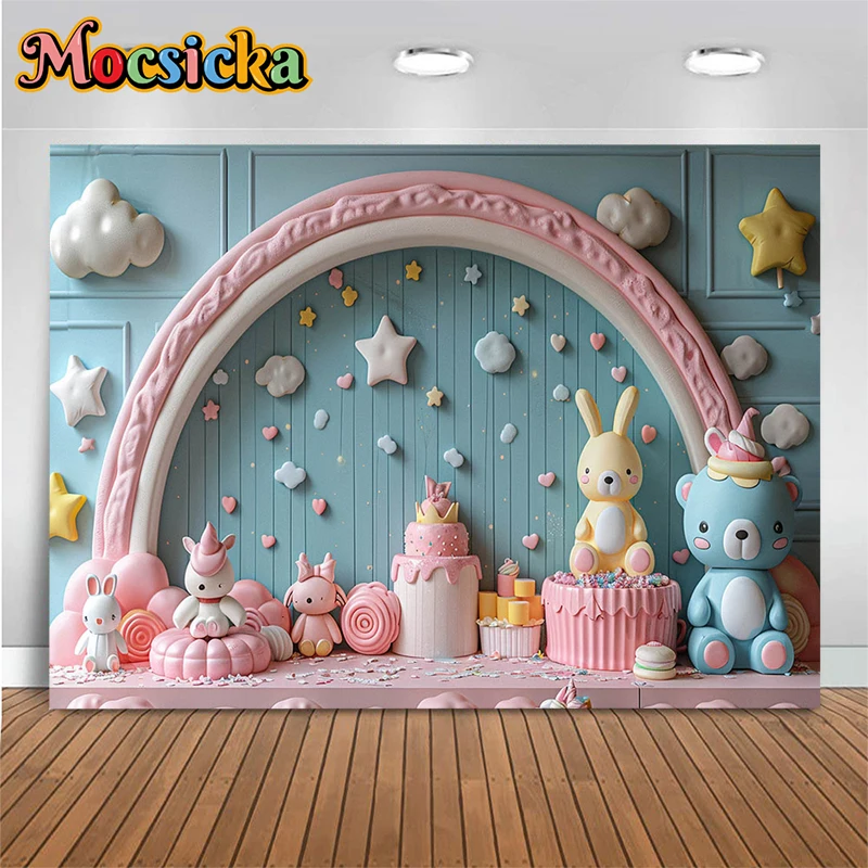 Birthday Backdrop For Photography Rabbit Rainbow Wall Star Love Dessert Cake Crush Background Decoration Photozone Photo Studio