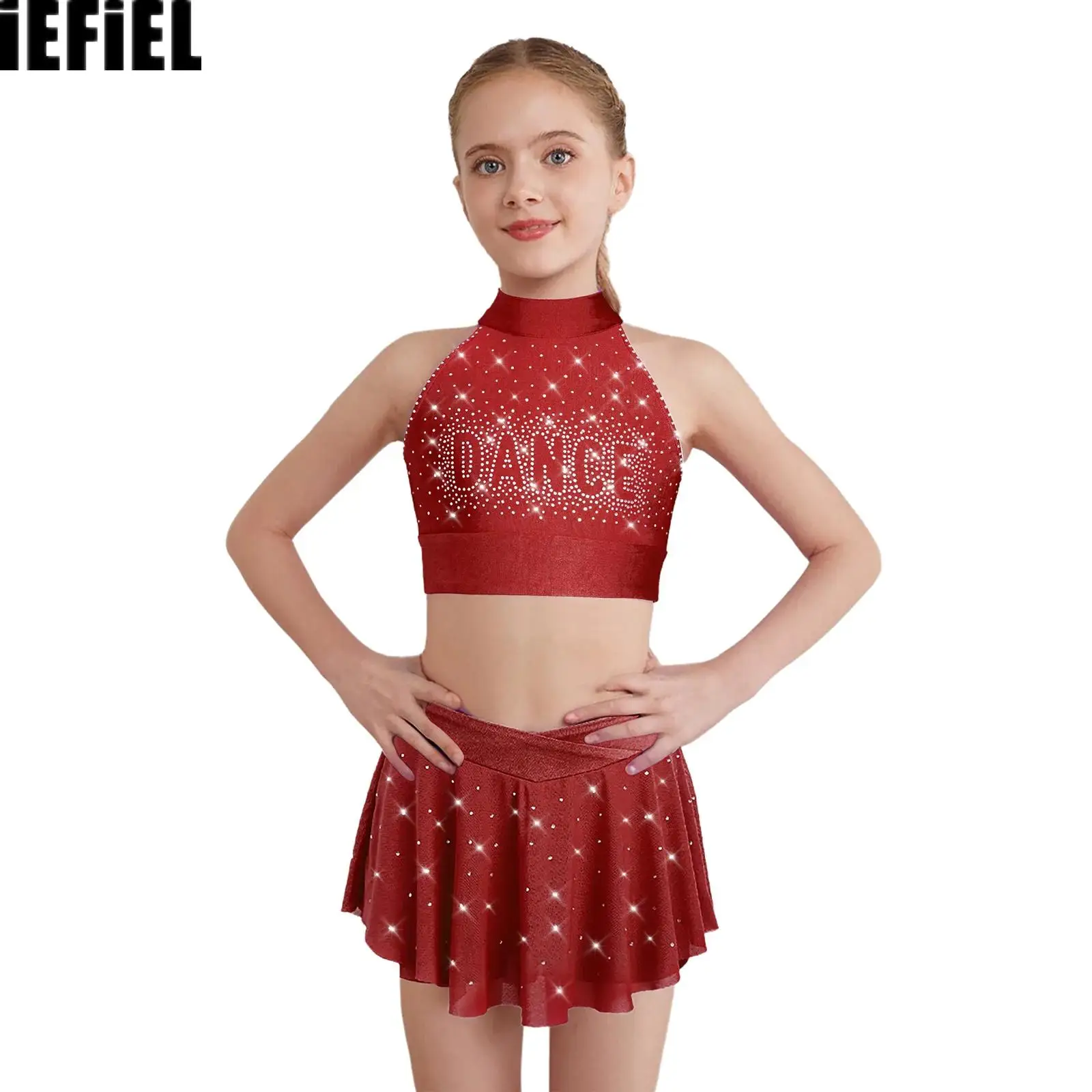 Tenues de danse en maille transparente pour enfants filles, haut court dos nu avec strass scintillants et jupe à ceinture élastique sur le devant en V