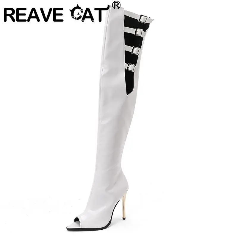 REAVE CAT Black Shiny Female Thigh Boots Peep Toe 11cm Stiletto Heel Zipper Belt Buckles Plus Size 44 45 46 Sexy Banquet Booties