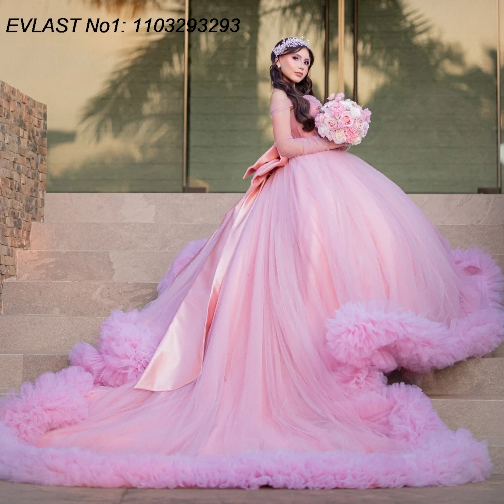 

EVLAST розовое бальное платье принцессы по индивидуальному заказу, платье Quinceanera, оборки, аппликация, бисер, бант, милое платье 16, Vestidos De 15 Anos E1Q889