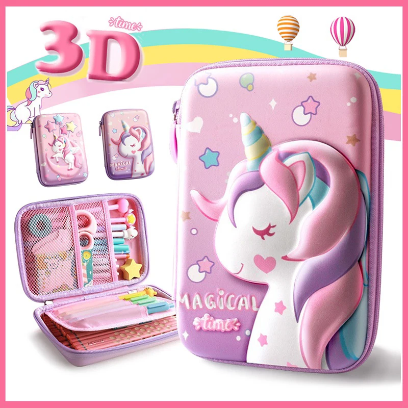 3D Kawaii Lápis Case para Meninas e Meninos, Estética Unicórnio Organizador, Bonito Pen Pouch, Material de Escritório Escolar, Estudantes Papelaria