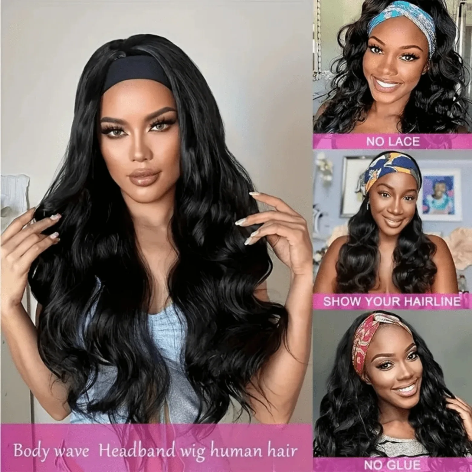 40 Inch Long Body Wave Remy Human Hair Headband Wigs Machine Made 200% Density No Glue Easy Wear Natural Fluffy Wavy Texture Comfortable Versatile Hairstyle For Black Women Daily Casual Dating And Tra image 5