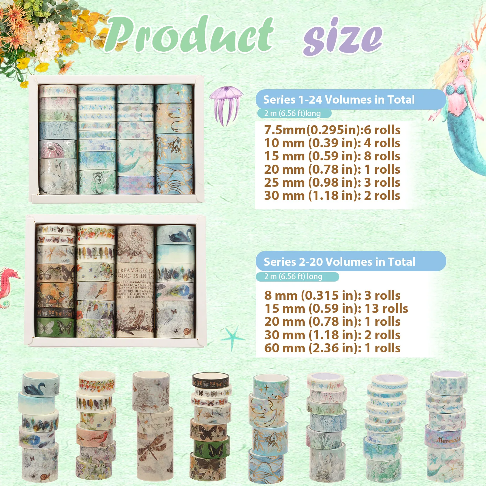 44/54 Rolls Retro Washi Tape Writable Surface Washi Tape Set Floral Design Journal Scrapbook Tapes for DIY Journaling Scrapbook