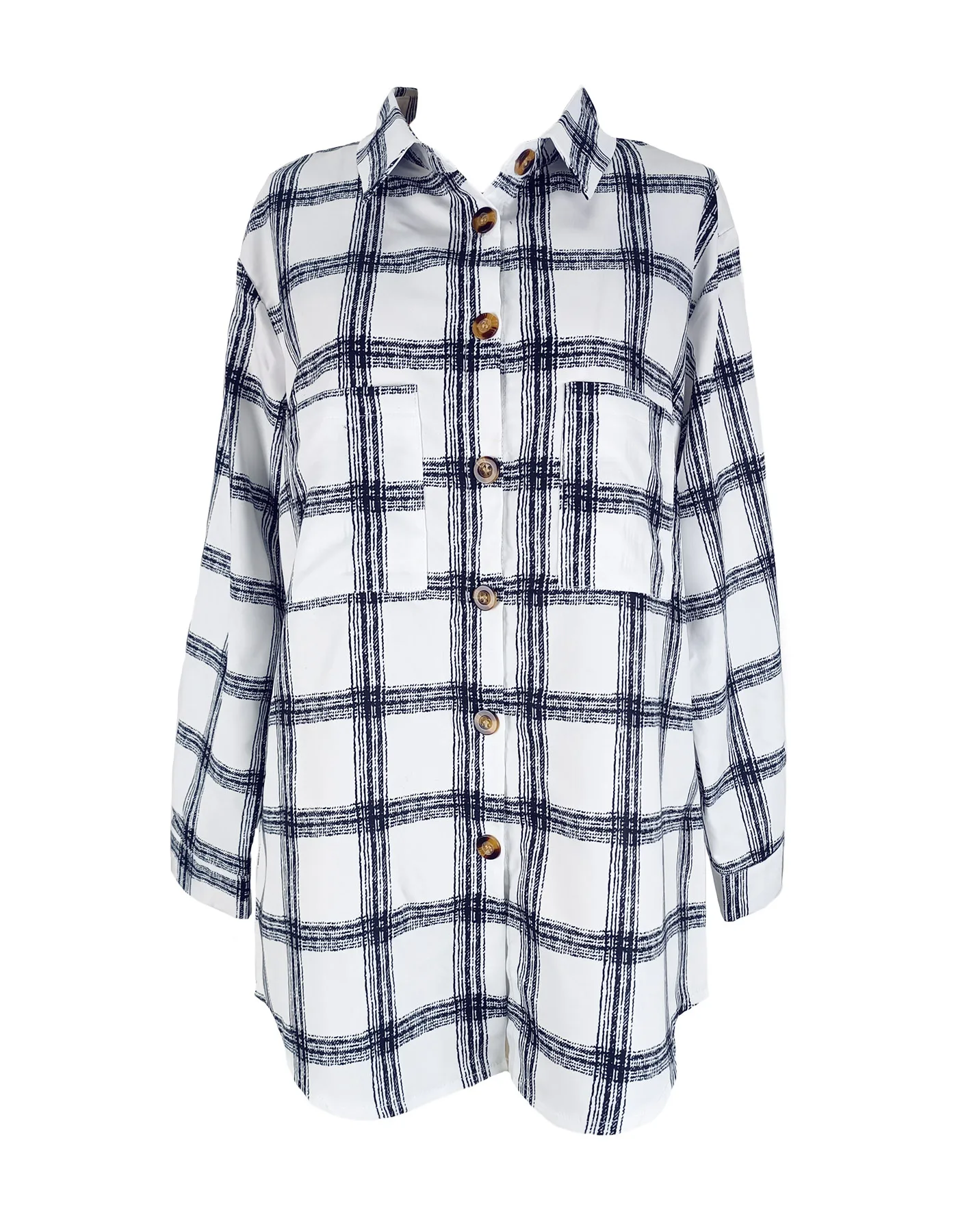 Damen Freizeithemd Schwarz-Weiß Kariert mit Knöpfen Langarm-Bluse mit Taschen Modische Koreanische Frühlings- und Sommerkleidung – Detail 7