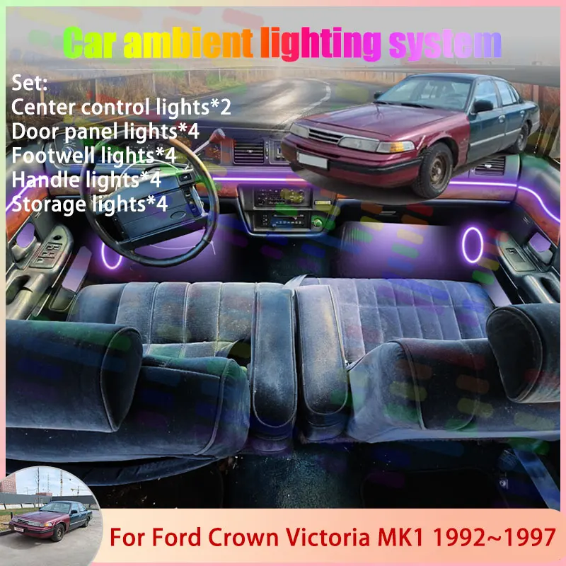 

Для Ford Crown Victoria MK1 1Gen EN53 1992 ~ 1997 6/18 в 1, автомобильная атмосферная лампа, RGB абажур, ансамбль, стример, атмосферный набор