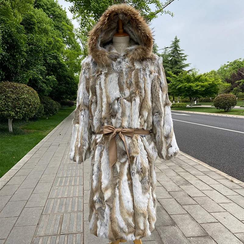 Frauen winter warme mode längste pelzmantel echt kaninchen fell mantel mit riesigen haube und waschbären pelz kragen