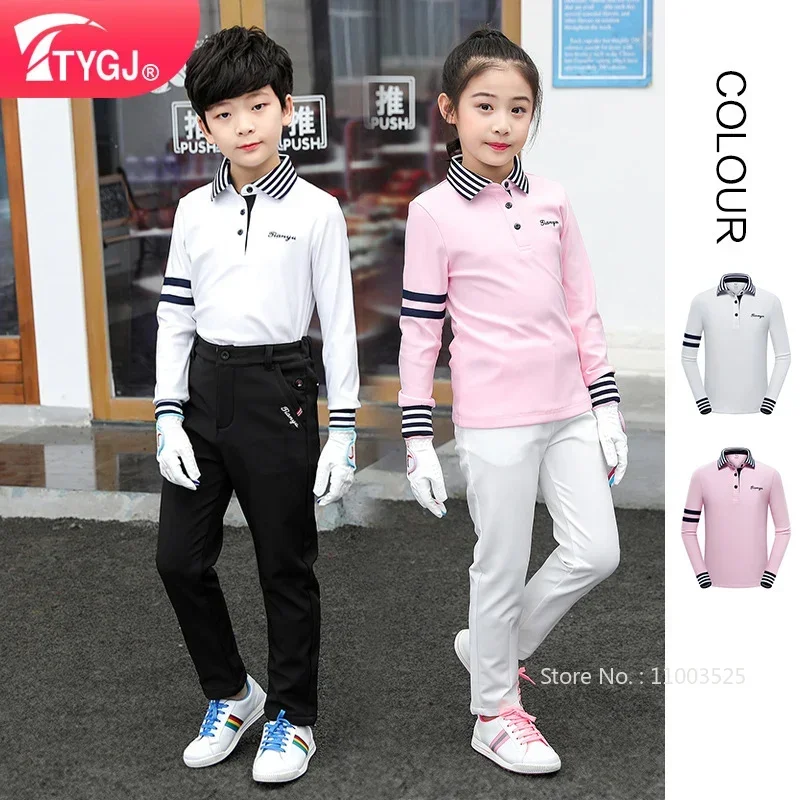 TTYGJ Kid Breathable Soft Golf T-shirt Boys Girls Patchwork Stripe Polo Shirt Children Elastic Full Sleeve Golf Top Casual Cloth