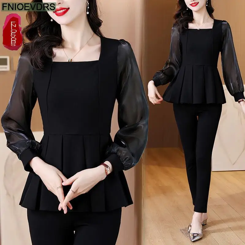 Loose Clothes Women 2024 Autumn Elegant Office Lady Button Shirts Casual Retro Vintage Black Mesh Tunic Peplum Tops Blouses