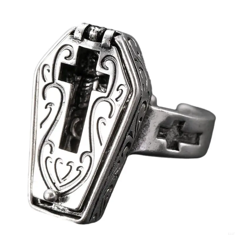 920L High Quality Coffin Crosses Rings Gothic Skull Coffin Crosses Adjustable Ring for Unique and Fashion Enthusiasts