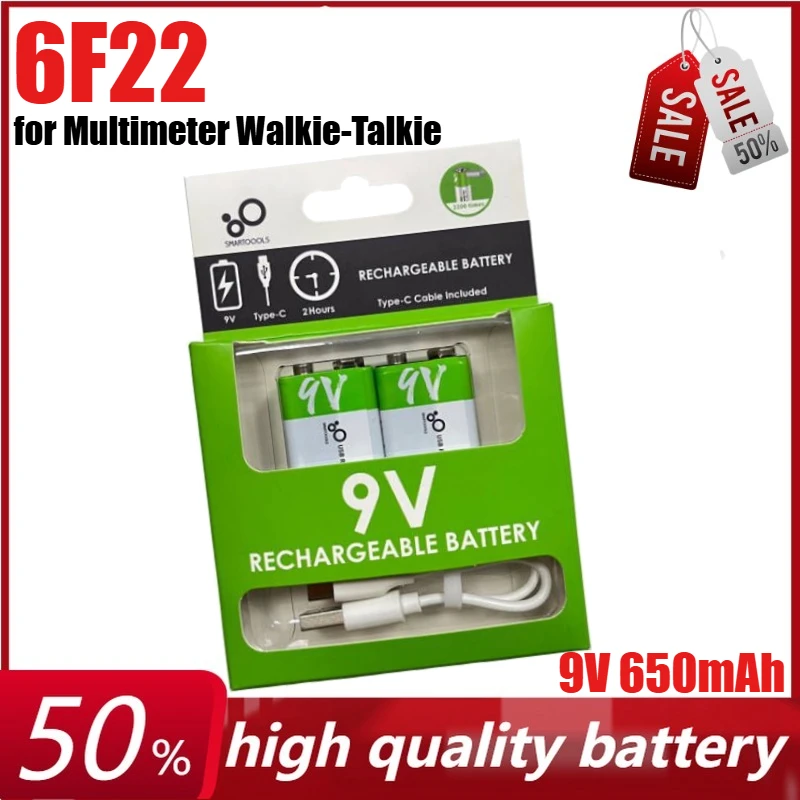 

9V 650mAh 6F22 Li-ion Battery Rechargeable Battery for Multimeter, Microphone, Remote Control KTV, Walkie-Talkie + Type-C Cable