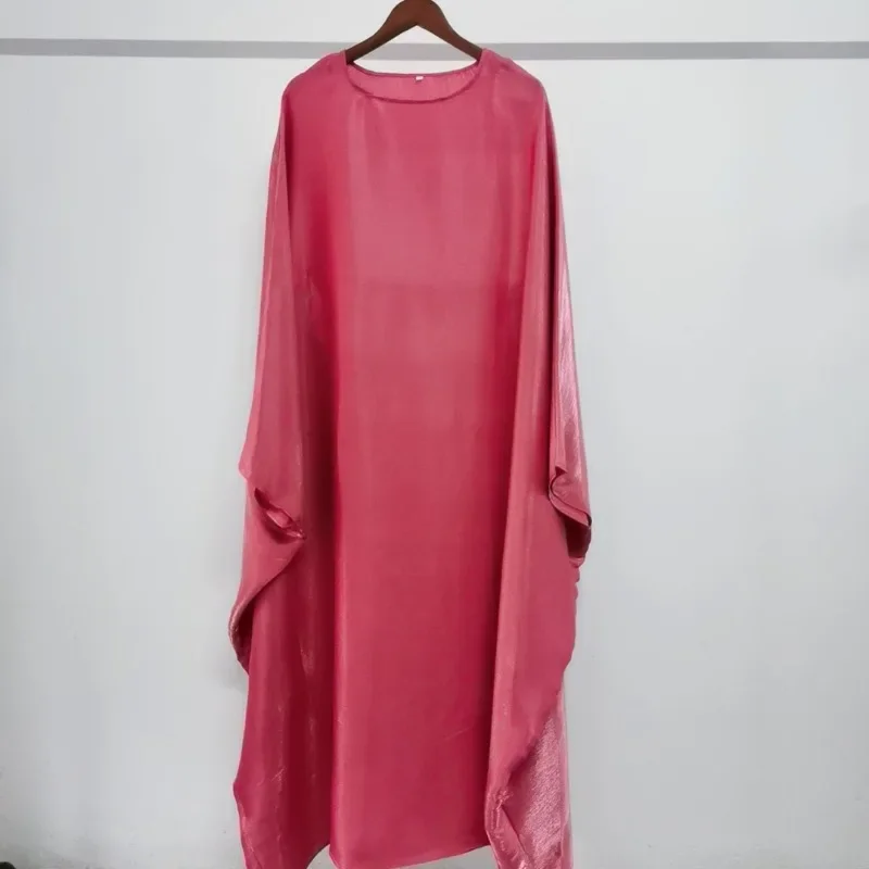 

Women's fashion 2025 new solid color loose simple shiny satin dress robe bat sleeve D24770