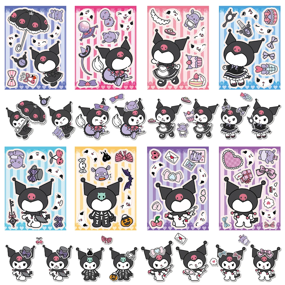 8/16 fogli Kawaii Sanrio Kuromi Puzzle Stickers Make a Face DIY Fun Party Game assemblare Jigsaw decalcomanie Cute Cartoon Kids Toy Gift