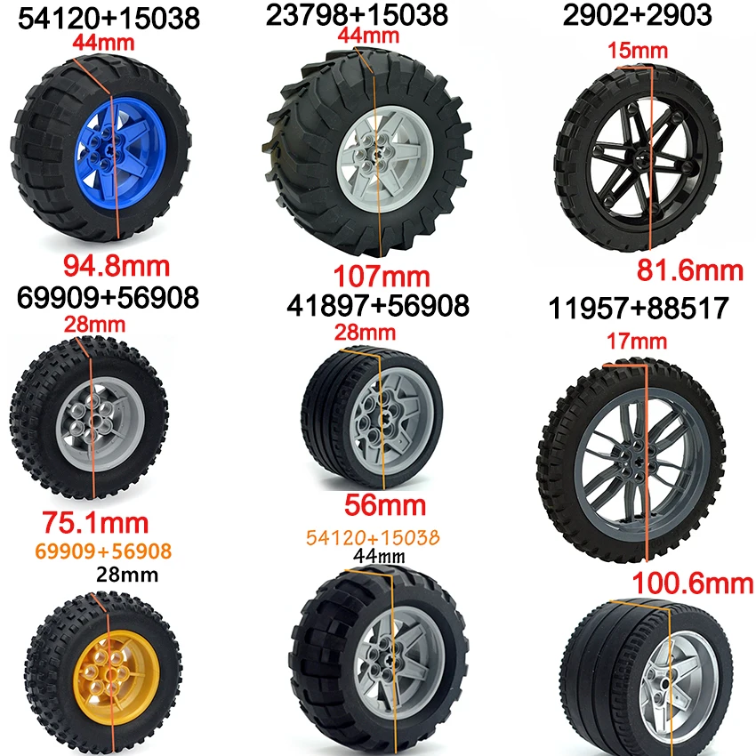 MOC Brick Wheel Hub Technical Tire Car Truck Vehicle Tire Construction Building Blocks 56145 32019 86652 56908 41897 54120 Leduo