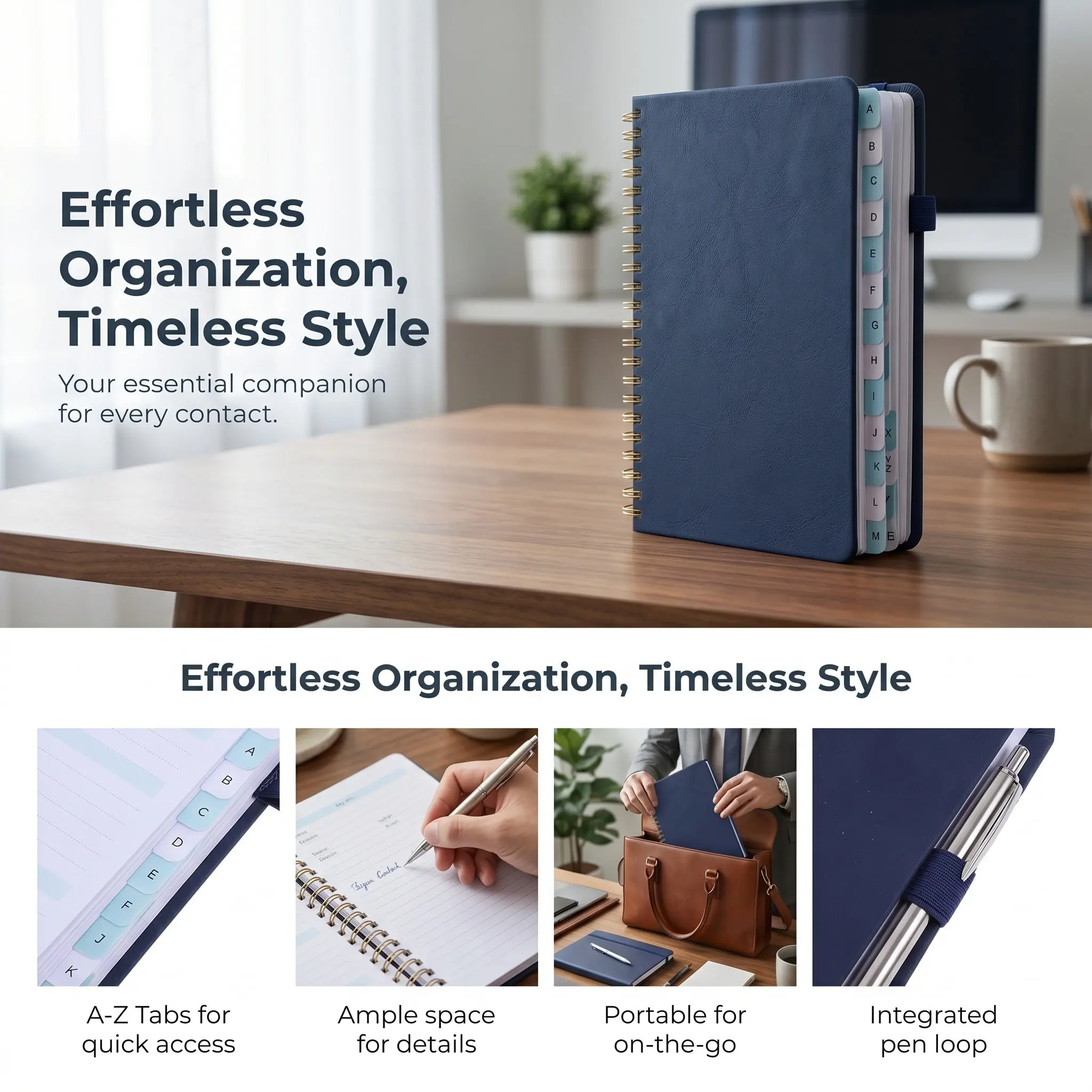 Address Phone Book Alphabet Tabs Hardcover Spiral Notebook B6 Dark Blue for Home Office Use Thick Pages Waterproof Cover Index
