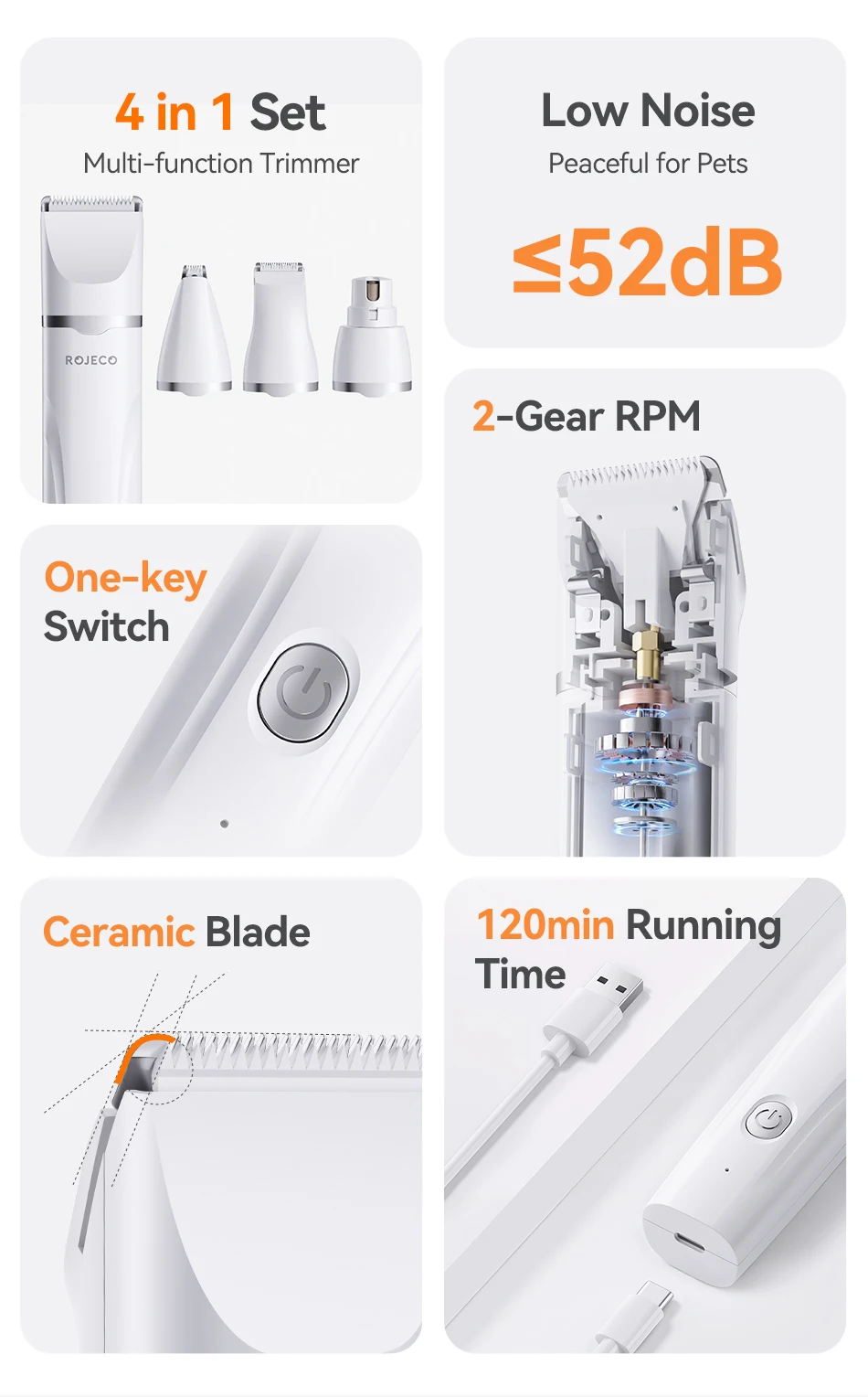 ROJECO Elektrischer Haustiertrimmer, 4-in-1, professionelles Pflegeset für Hunde- und Katzenhaare, multifunktionaler Hundetrimmer, Haarschneidemaschine, Rasierer – Detail 2