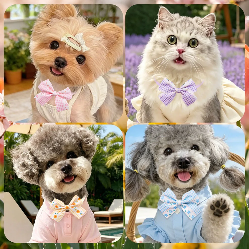 Collares ajustables y lazos a cuadros para perros y gatos - imagen 2