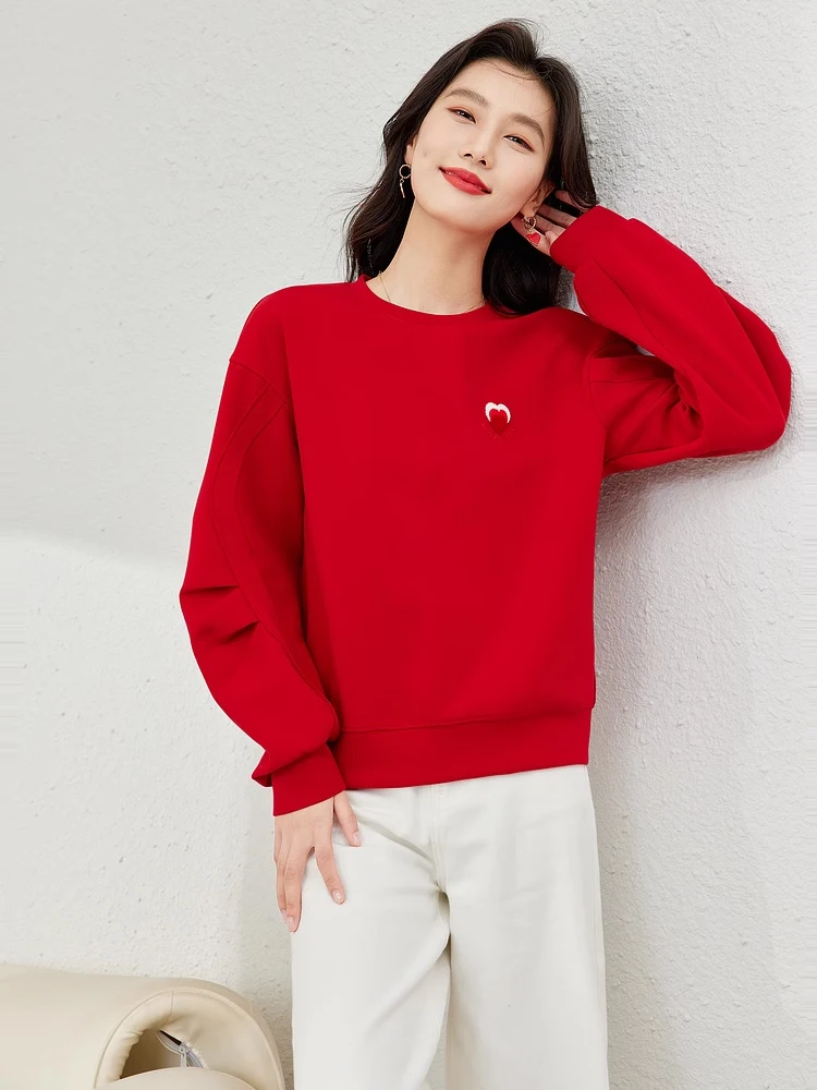 Vimly Pullover O-neck Sweatshirt Women Spring 2024 Casual Long Sleeve Top Heart Embroidery Straight Loose Woman Clothes M3252