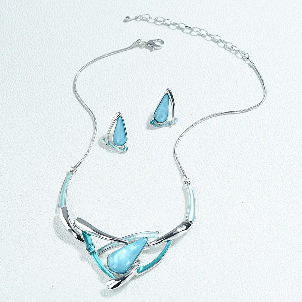 ICEYY Silver Plated Turquoise Water Drop Resin Bohemian Collar Necklace Earrings Women jewelry Set