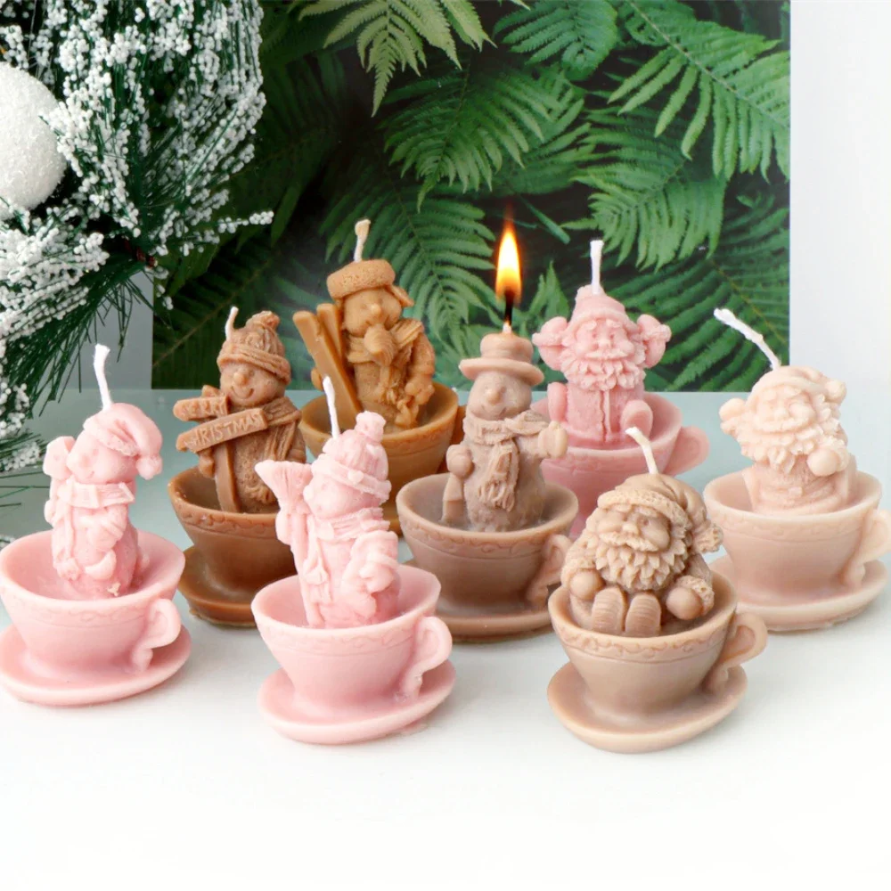 Relief Tea Cup Santa Claus Candle Making Scarf Snowman Gypsum Doll Silicone Mold Christmas Hat Beard Dwarf Soap Gifts Home Decor